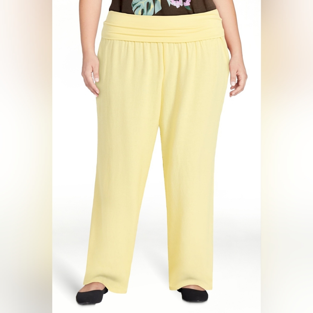 No Boundaries Foldover Beach Pant Womens Yellow Travel Casual Summer Boho Linen